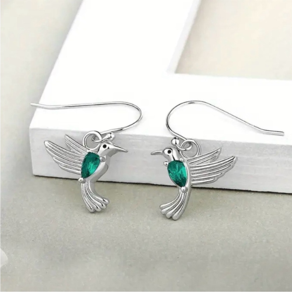 Silver Hummingbird Drop Earrings with Emerald Green Crystal - Picture 2 of 3